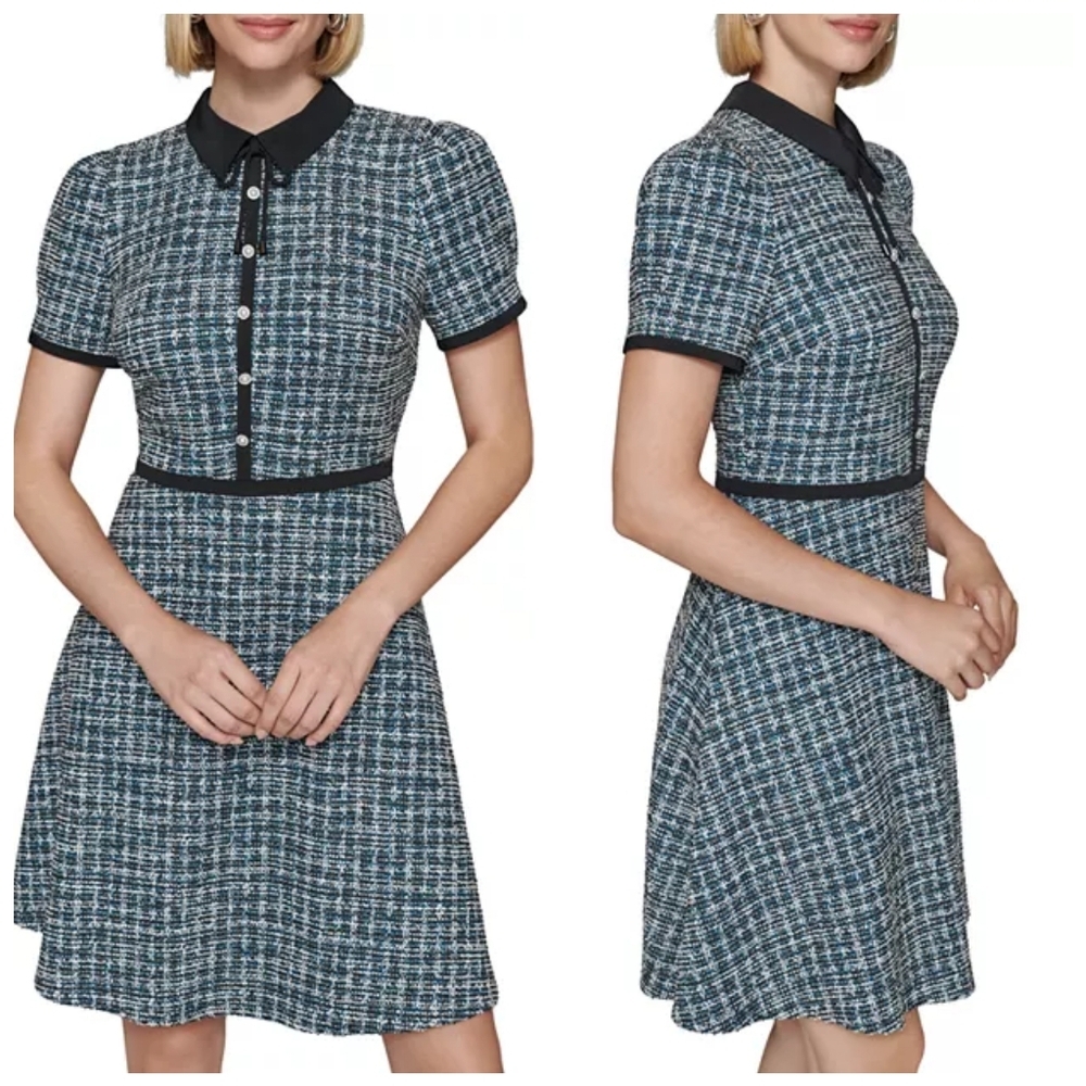 NEW KARL LAGERFELD Paris Tweed Boucle A Line Dress Sz 12 Crystal Teal Luxury